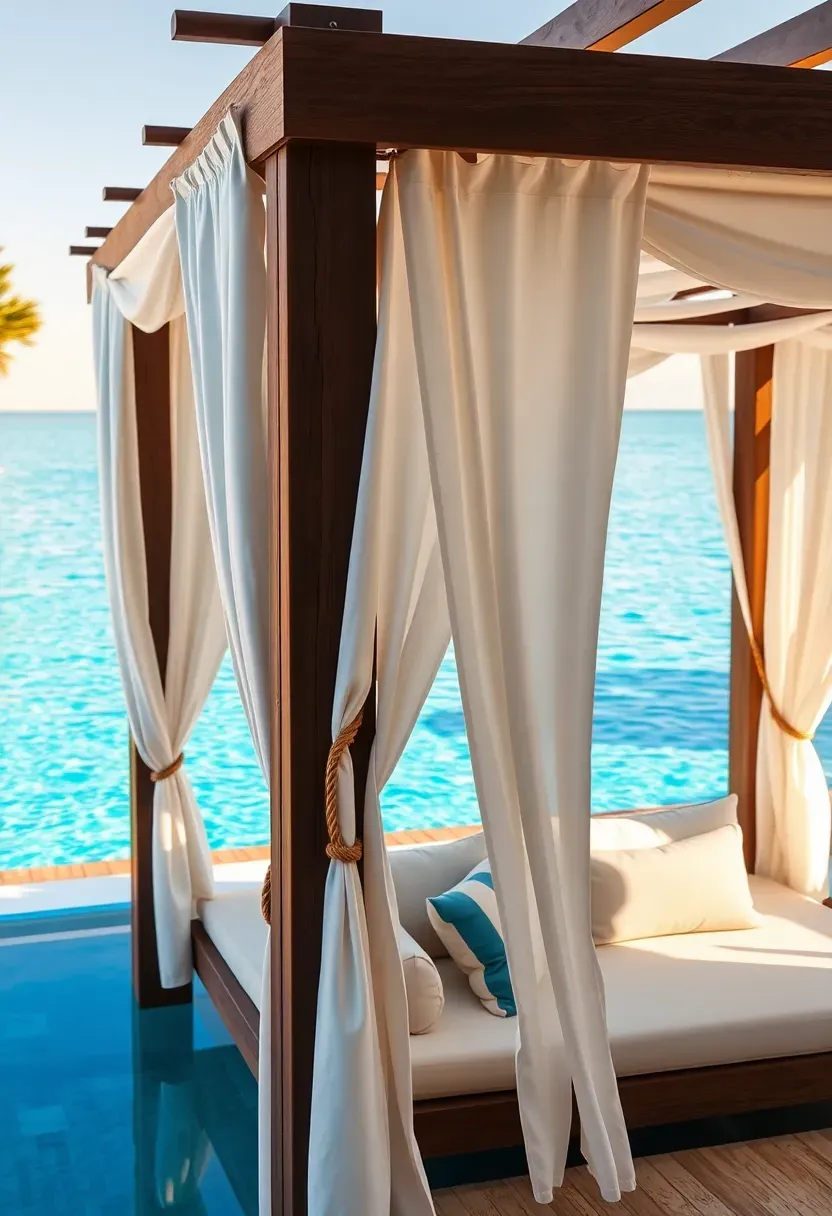 cabana-style canopy with white curtains around a daybed near a pool