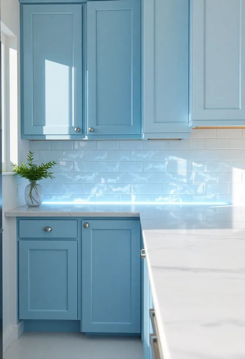 iridescent glass liner bar trim in pale blue between white backsplash tile and painted wall in coastal-style kitchen