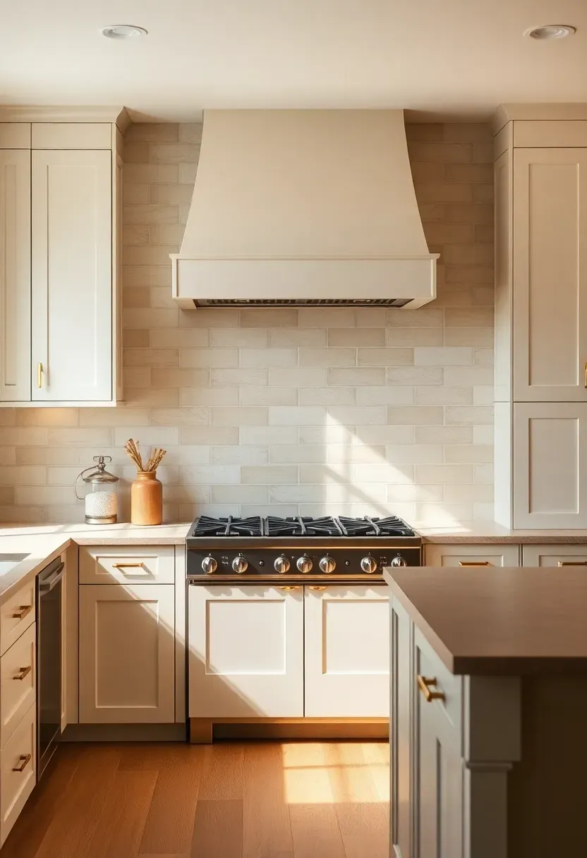 Hyper-realistic 3/4 view of a neutral kitchen with full-height warm beige backsplash behind range. Materials: large format beige ceramic tile panels, cream perimeter cabinets, white oak island, warm quartz countertops, brass hardware, warm oak flooring. Natural light from adjacent window, warm under-cabinet lighting. Visible professional-style range with full-height tile backsplash creating focal wall. Contemporary architectural mood. Shallow depth of field showing tile texture, sharp details on range and tile seams. No text, no logos, no watermarks.</p>