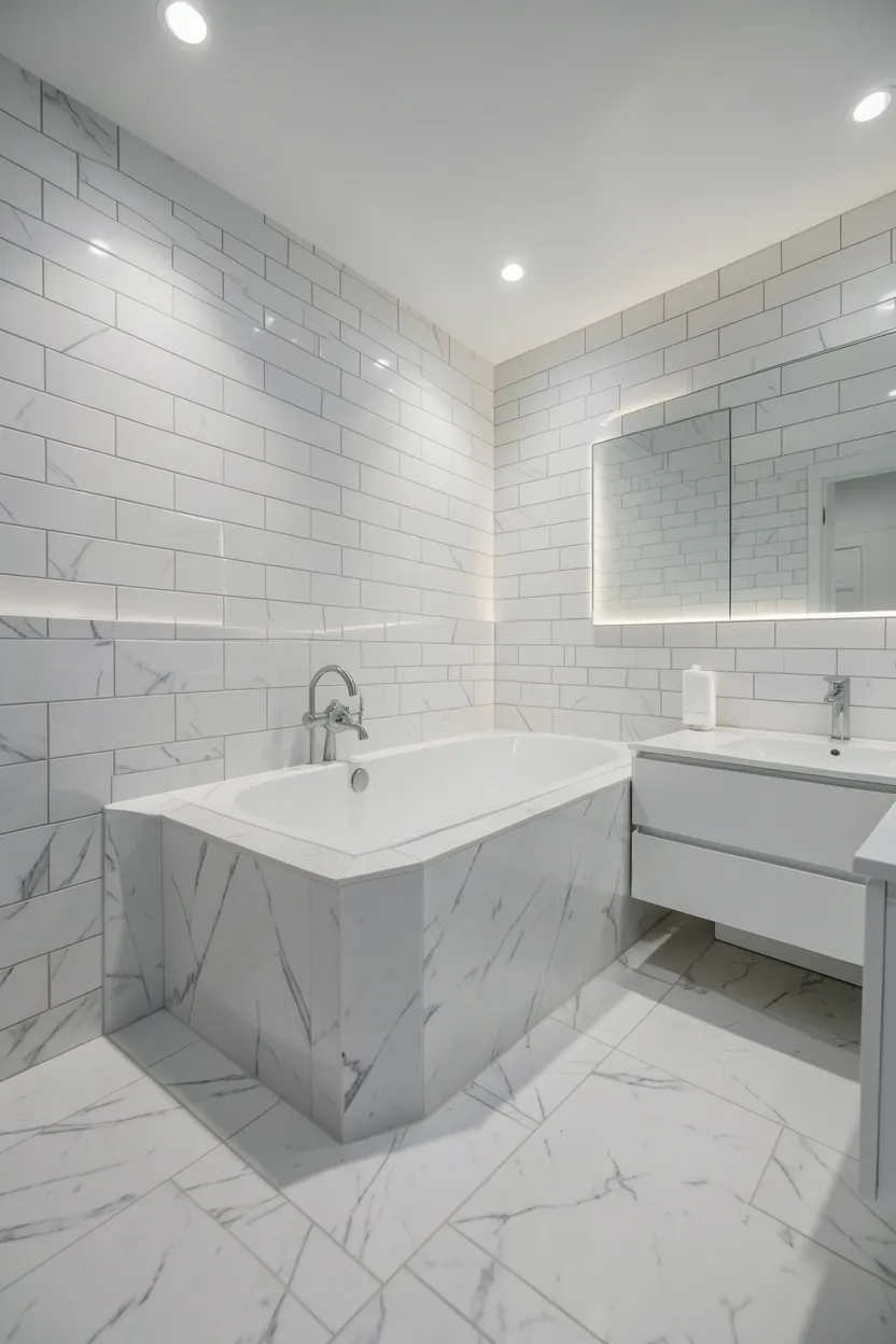 White bathroom with sunken freestanding bathtub set into recessed marble tile floor, white subway tile walls, and soft recessed LED lighting