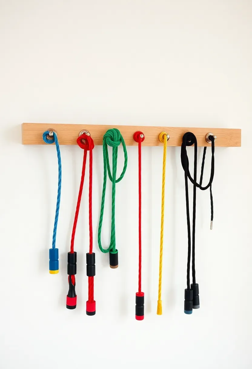Jump rope suspension rack with pegs holding six jump ropes vertically on a gym wall near the cardio workout area