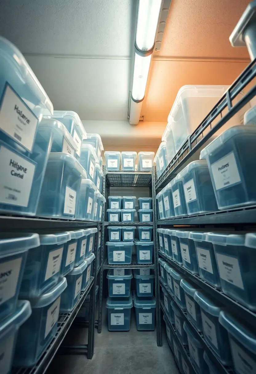 Rows of clear plastic storage bins with printed labels neatly arranged on basement shelving under fluorescent light