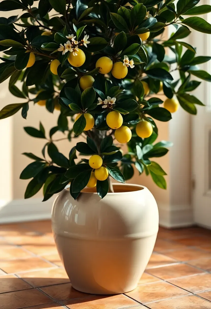 Dwarf Meyer lemon tree with small green lemons in a large cream glazed ceramic pot on terracotta floor tiles in a light-filled sunroom