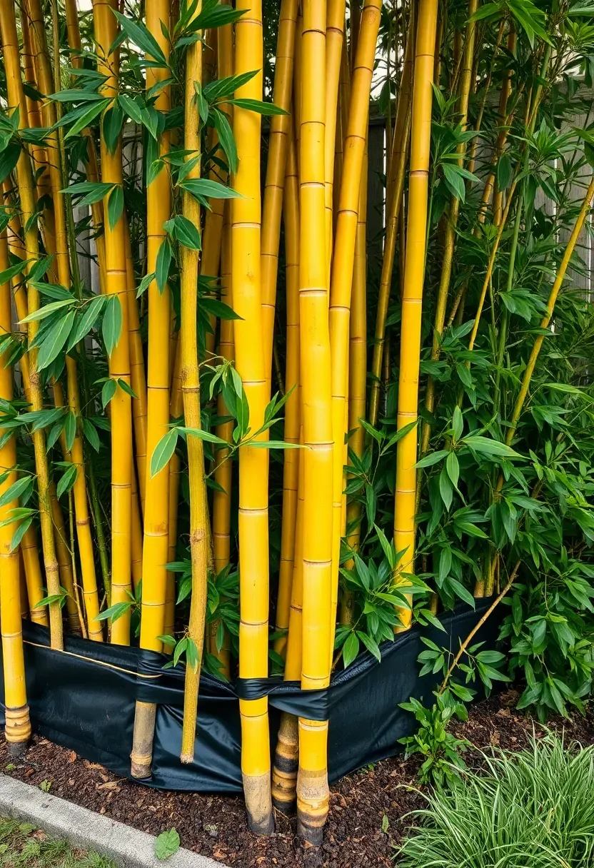 Bamboo privacy screen planting with dense golden bamboo canes, lanceolate leaves, and a root barrier visible at the soil base