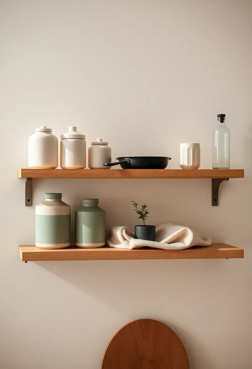 Open kitchen timber shelving styled with curated ceramic jars, a small cast iron skillet, fresh herb pot, olive oil in a glass bottle, and folded linen cloth