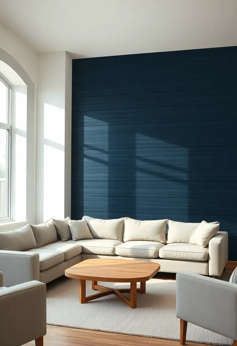 Hyper-realistic wide shot of minimalist living room with navy blue horizontal wood paneling on one wall white surrounding walls and ceiling beige sofa light oak coffee table. Materials: navy blue painted wood paneling with horizontal planks crisp white walls beige linen sofa light oak wood cream wool rug. Soft natural daylight subtle shadows emphasizing paneling's depth and texture architectural sophisticated atmosphere. Sharp details on wood grain and panel joints clean composition no clutter no text no watermarks.</p>