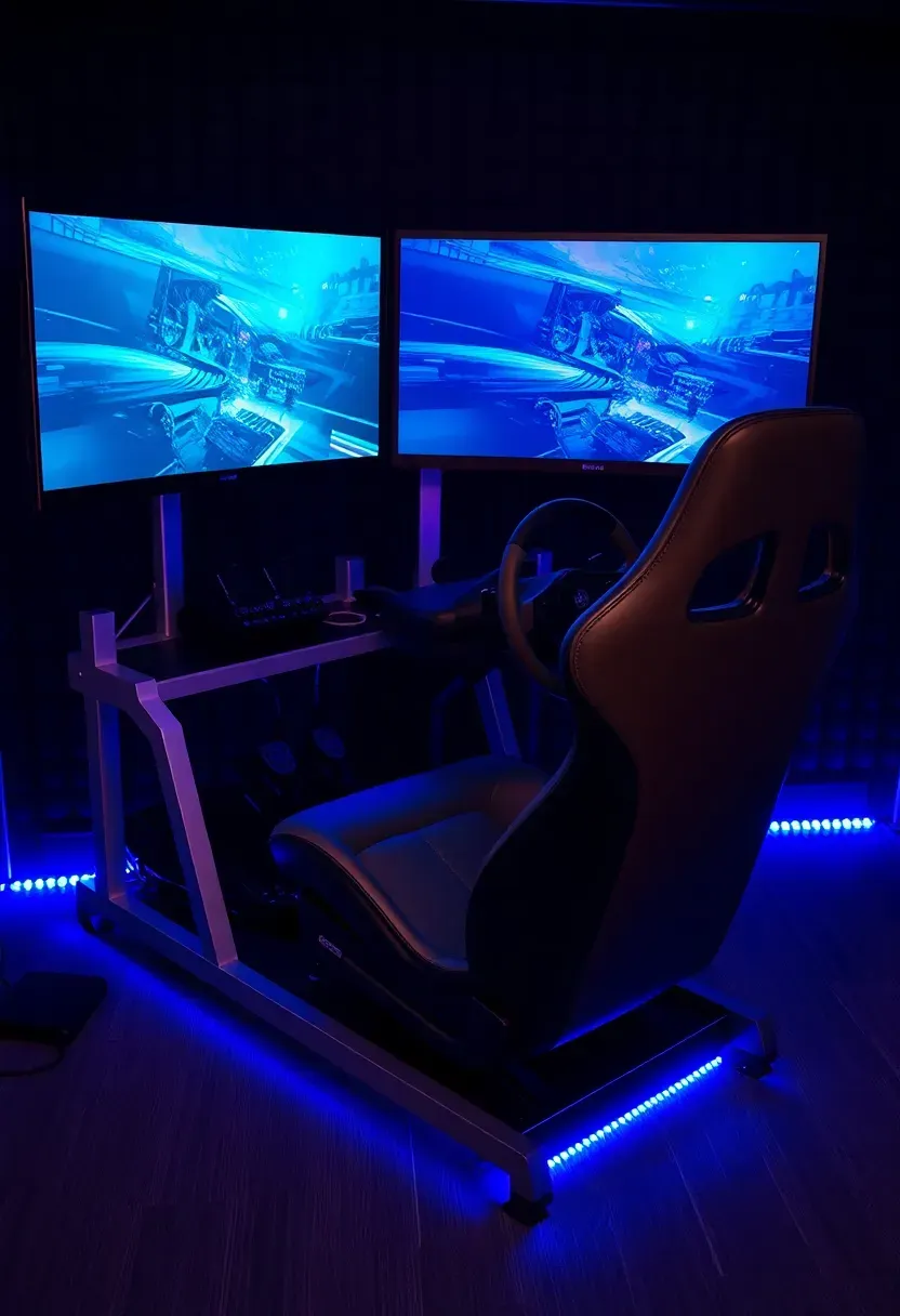 Racing simulator setup with triple monitor display, racing cockpit seat with wheel and pedals, LED ambient strips, and a dark room with soundproofing panels