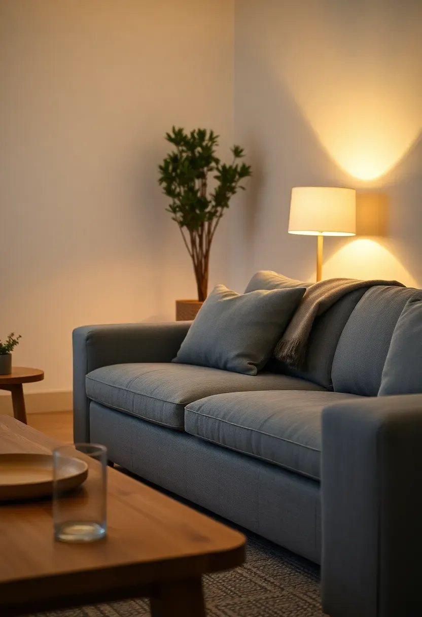 Hyper-realistic evening view of minimalist living room after reset ritual — gray sofa with cushions plumped, throw folded neatly over arm, coffee table surface clear, white walls, soft warm lamp light, peaceful ready-for-rest mood. Materials: gray linen sofa, oak table, white walls, warm lamp light. Serene evening atmosphere, shallow depth of field, no text, no logos.</p>