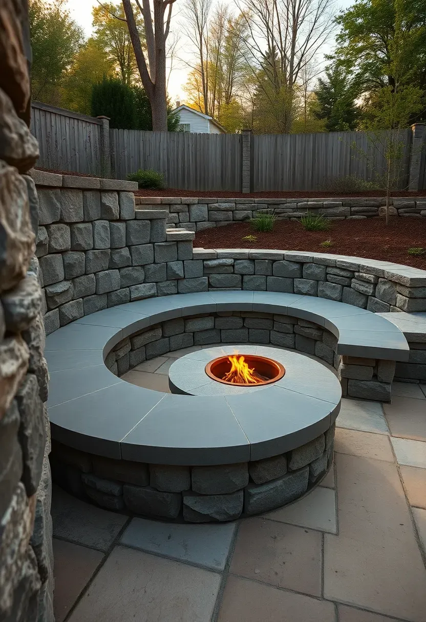 Curved natural stone retaining wall with a flat capstone forming a built-in seating bench around a sunken backyard patio with a fire pit