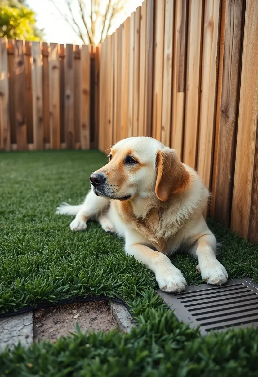 Golden retriever lying on pet-safe synthetic turf in a fenced backyard with a drainage grate visible at the edge
