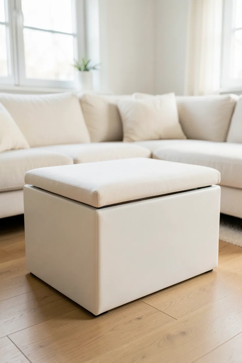 Light gray storage ottoman with hidden interior compartment in a minimal Scandinavian apartment living room