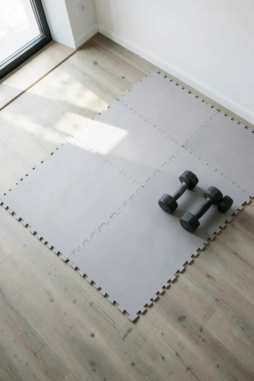 Light gray interlocking foam floor mat system in a minimalist home gym — seamless integrated workout flooring for apartment fitness spaces