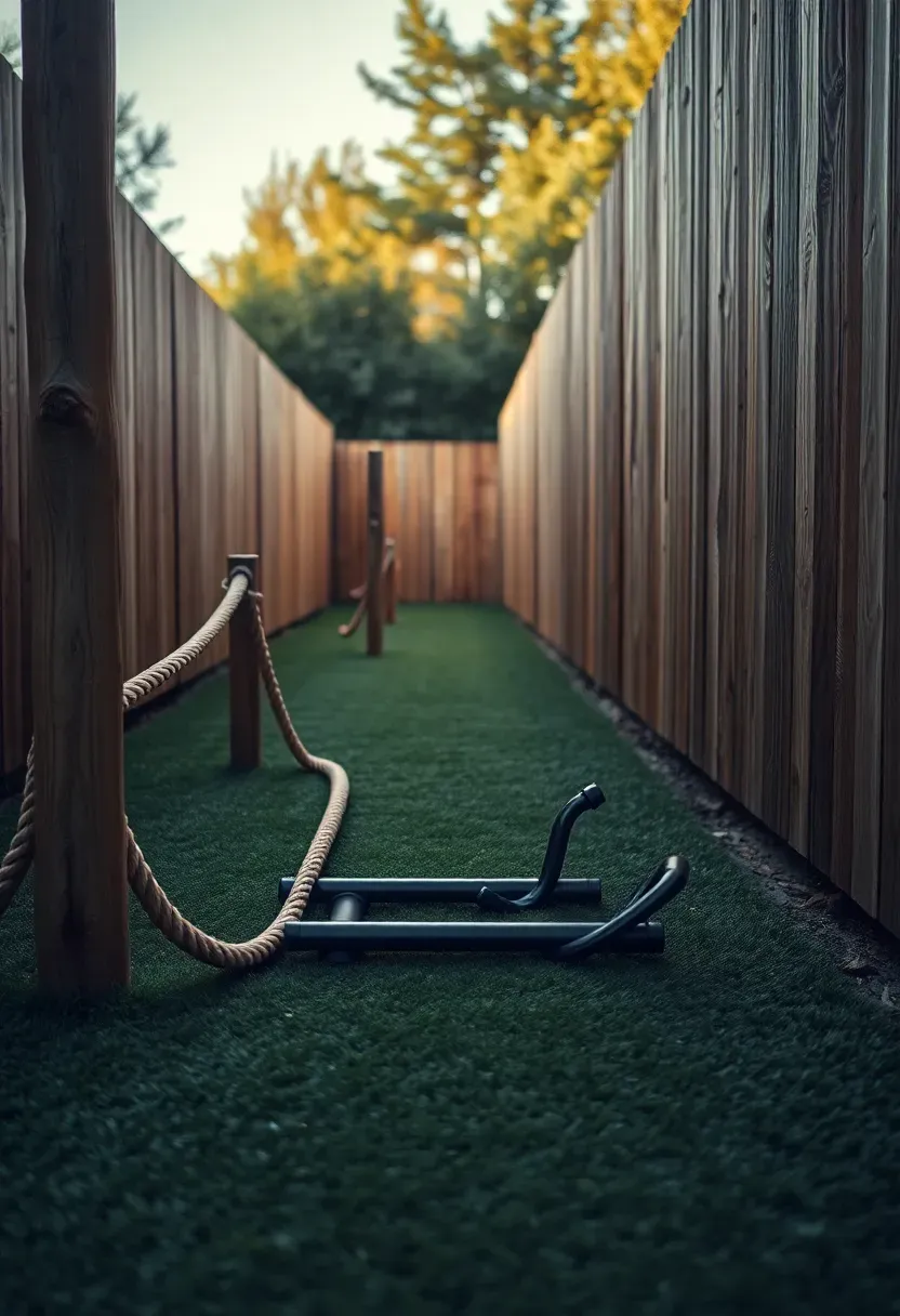 Long narrow backyard lane with artificial turf strip, battle ropes anchored to a post at one end, a weighted sled on the turf, and fence along both sides