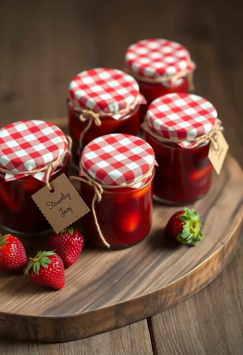 mini jam jars with gingham fabric lids and handwritten labels for baby shower guest gifts