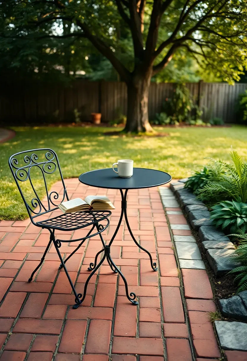 Running bond brick paver patio with warm red tones and a simple outdoor bistro set