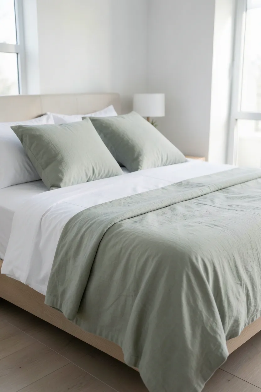 Sage green bedding layered with crisp white linen sheets and a natural wood nightstand in a small bedroom