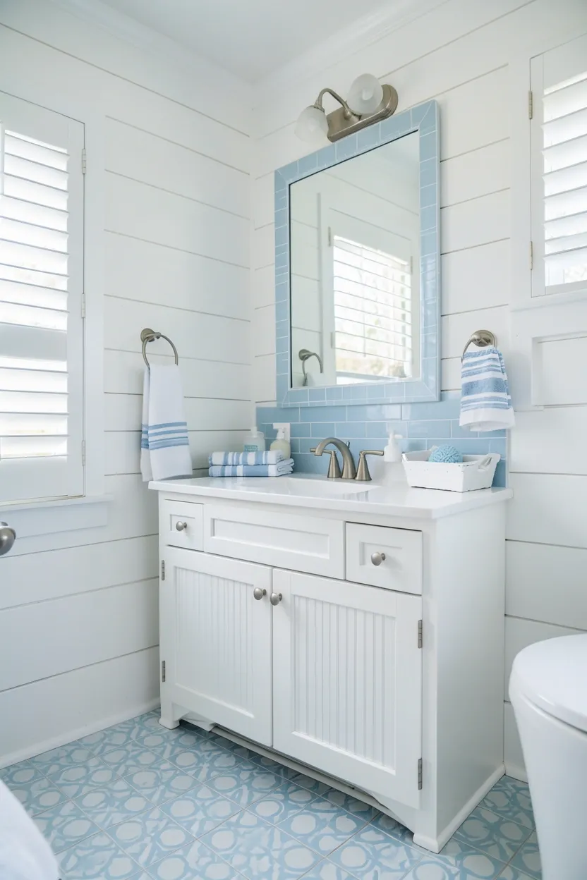 Coastal white bathroom with shiplap walls, blue subway tile border, soft blue patterned floor tiles, and brass hooks for a beachy feel