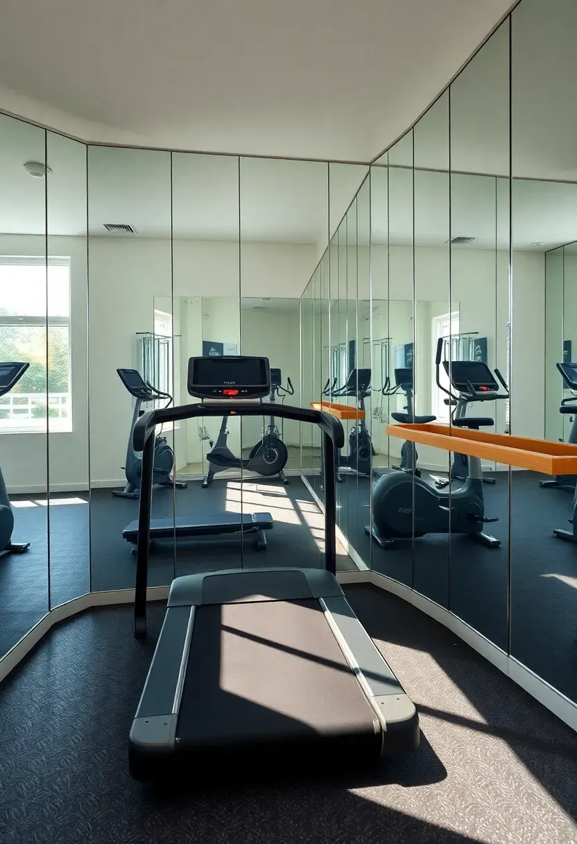 Bright mirror wall cardio room with treadmill, assault bike, and rowing machine reflected in floor-to-ceiling mirrors