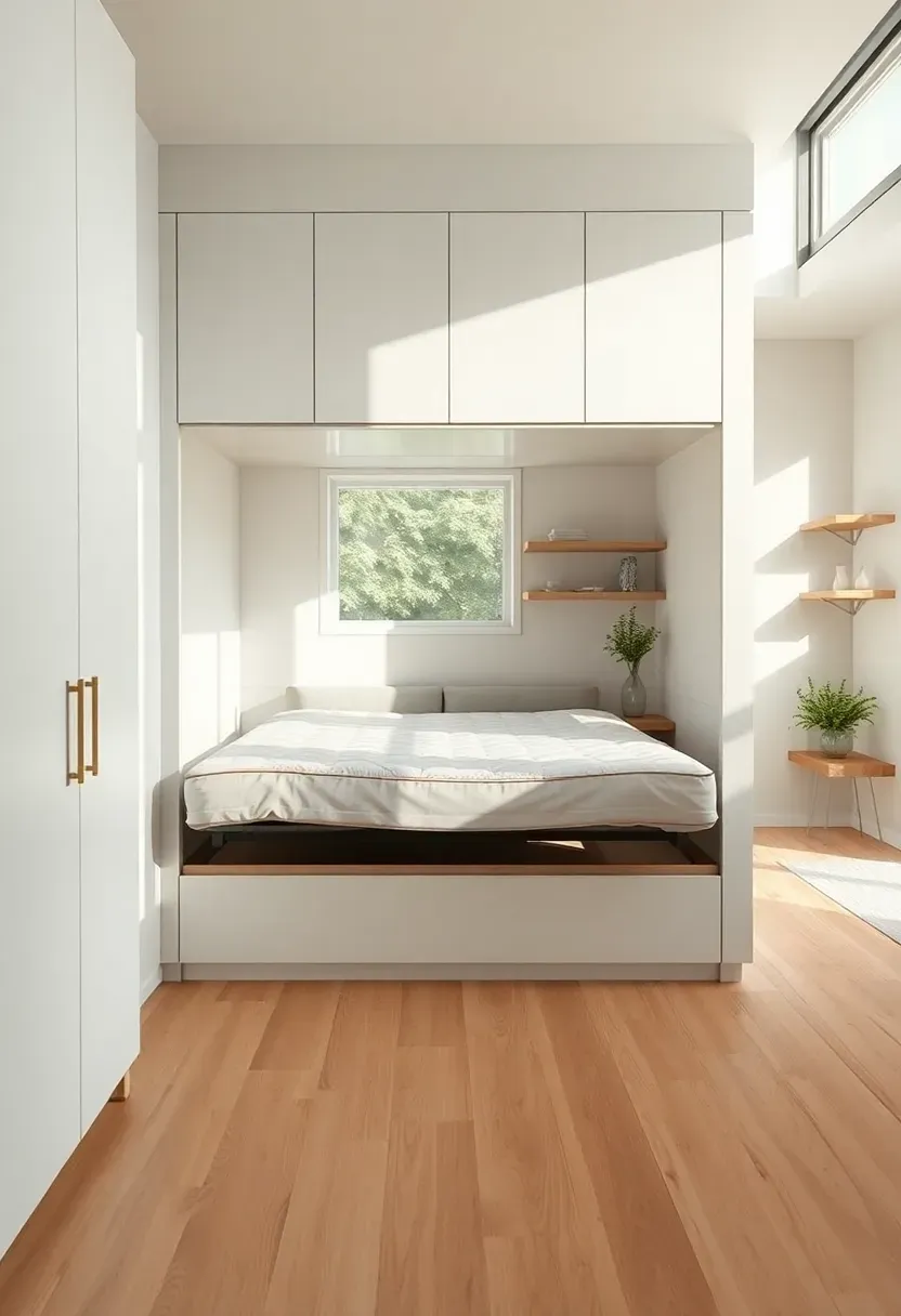Hyper-realistic front view of modern Murphy bed cabinet in closed position with tiny house living area beyond. Materials: white lacquer cabinetry, light wood flooring, minimalist sofa, floating shelves. Soft natural daylight from window, creating gentle shadows. Clean minimalist composition with cabinet as subtle wall element. No visible bed hardware or hinges. No text, no logos, interior design magazine style.</p>