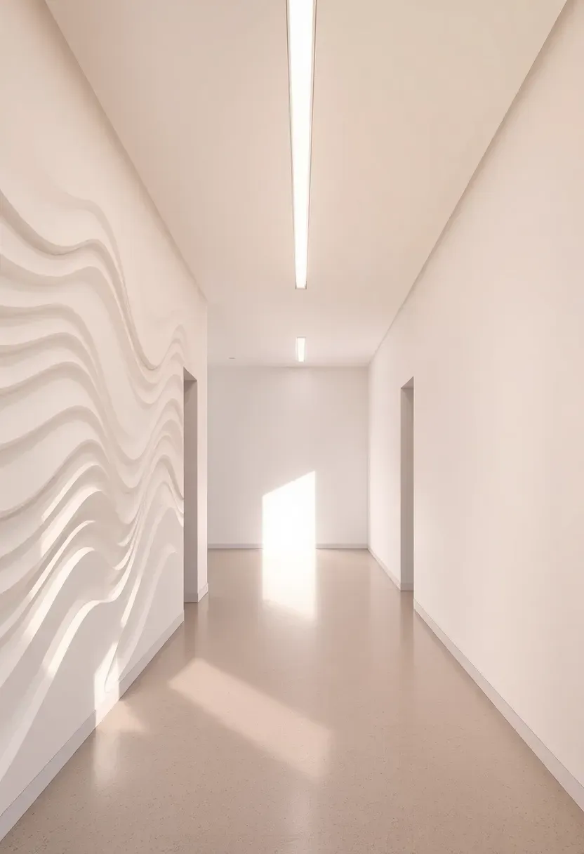 Futuristic hallway with parametric curve accent wall panels in white featuring flowing algorithmic wave forms with dramatic side lighting