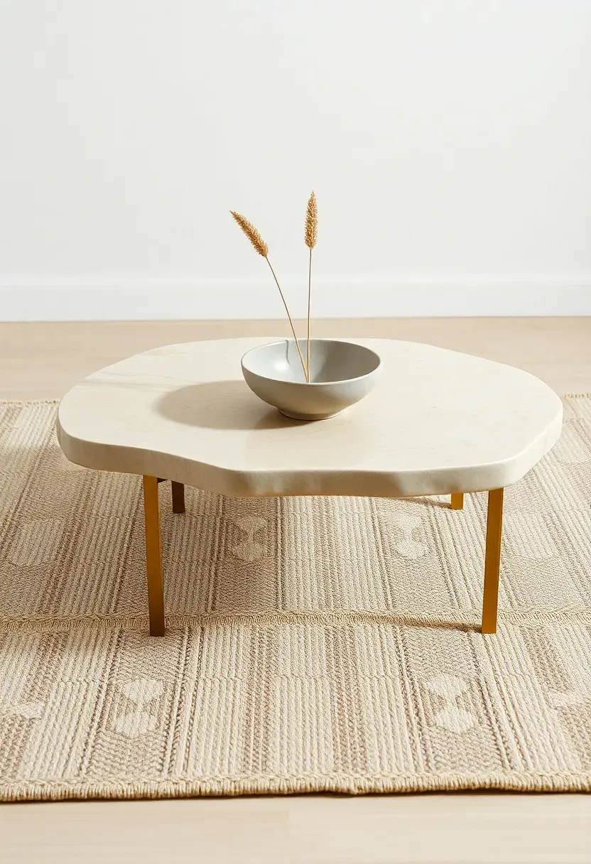 Travertine coffee table with organic edge on a cream wool rug in a modern sunroom, styled with a single ceramic bowl and dried grass stems