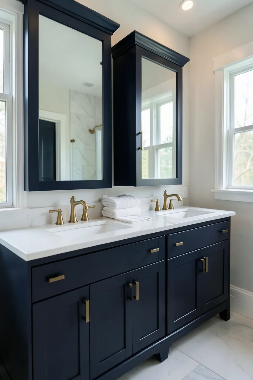 Navy Double Vanity with White Countertops