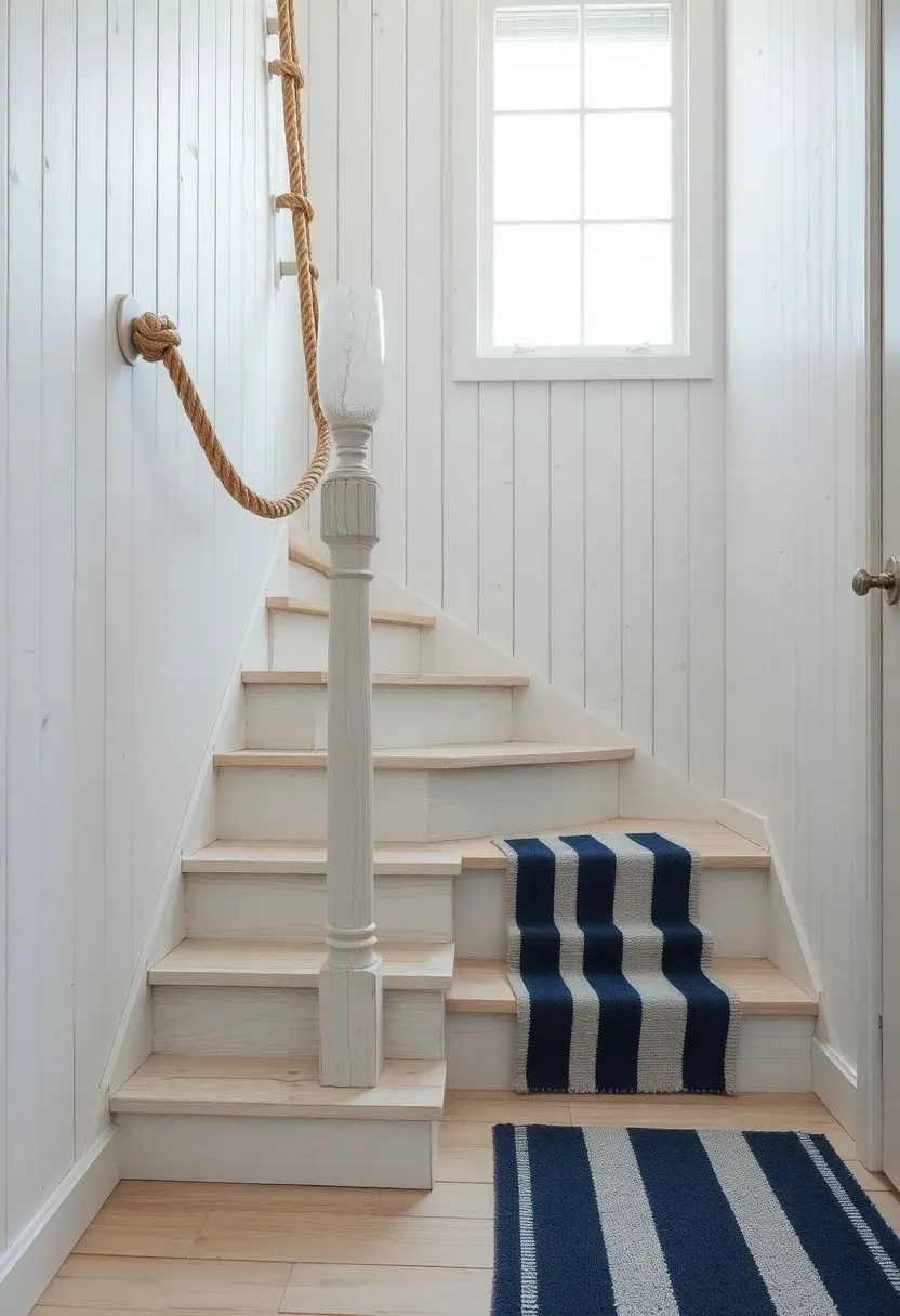 Coastal beach-house staircase with whitewashed driftwood-effect treads, white shiplap wall, manila rope handrail, and navy-stripe runner rug
