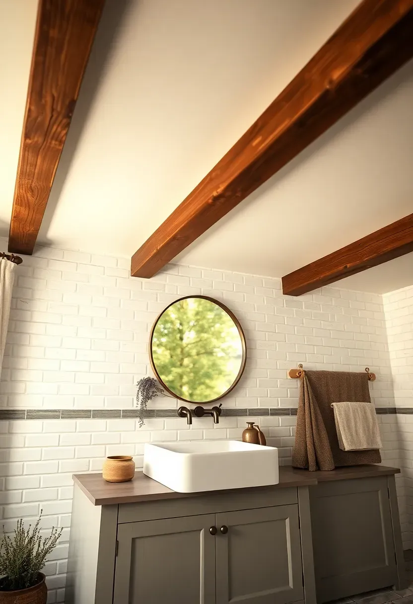 Rustic faux wood beams running across a white bathroom ceiling adding character to a farmhouse style bathroom
