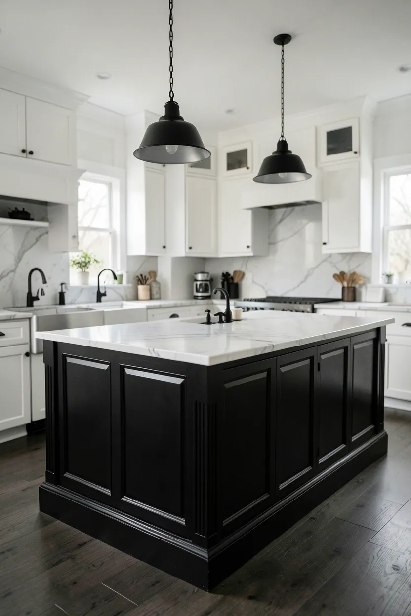 Intricate black and white mosaic tile backsplash behind a kitchen range, with detailed geometric pattern and white grout against white cabinetry