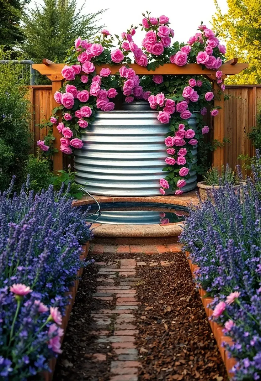 Stock tank pool nestled in a lush cottage garden with climbing roses on a trellis, lavender borders, and a brick pathway leading to the pool