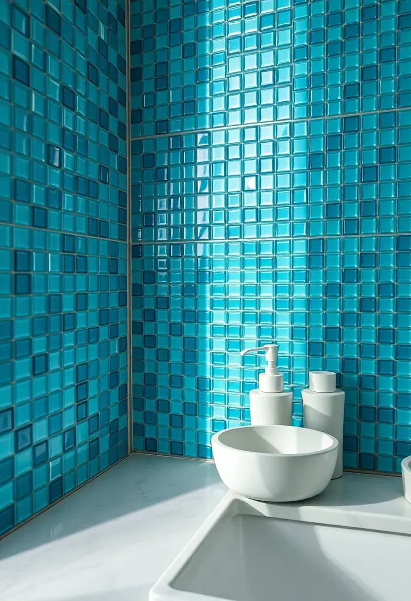 Bathroom vanity backsplash of small glass mosaic tiles blending ocean blue and sea green tones with reflective finish and white countertop