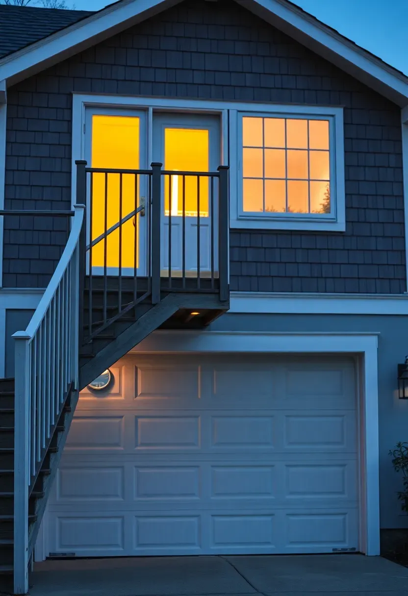 Attached garage with finished in-law suite above featuring a private entrance, kitchenette, and dormer windows