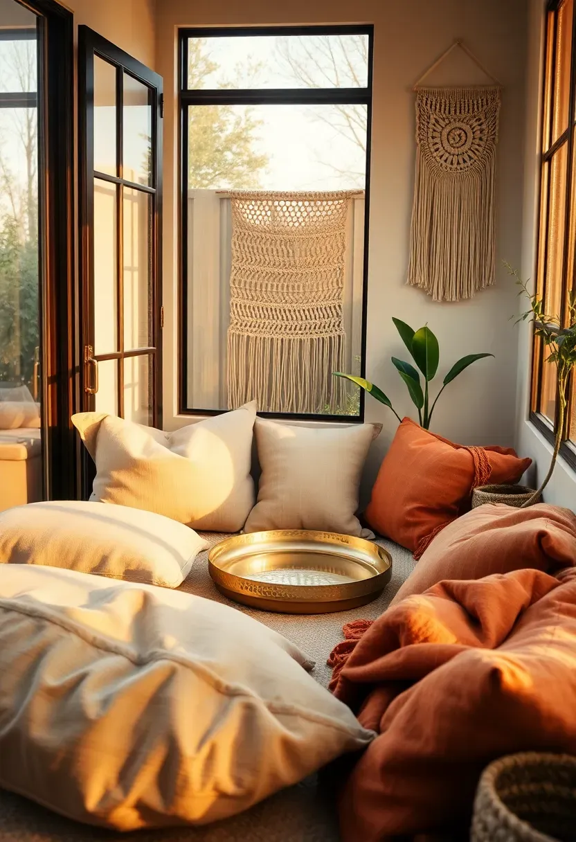 Bohemian small sunroom with oversized linen floor cushions in oatmeal and terracotta tones arranged around a low round brass tray table, a macrame wall hanging, and golden hour light
