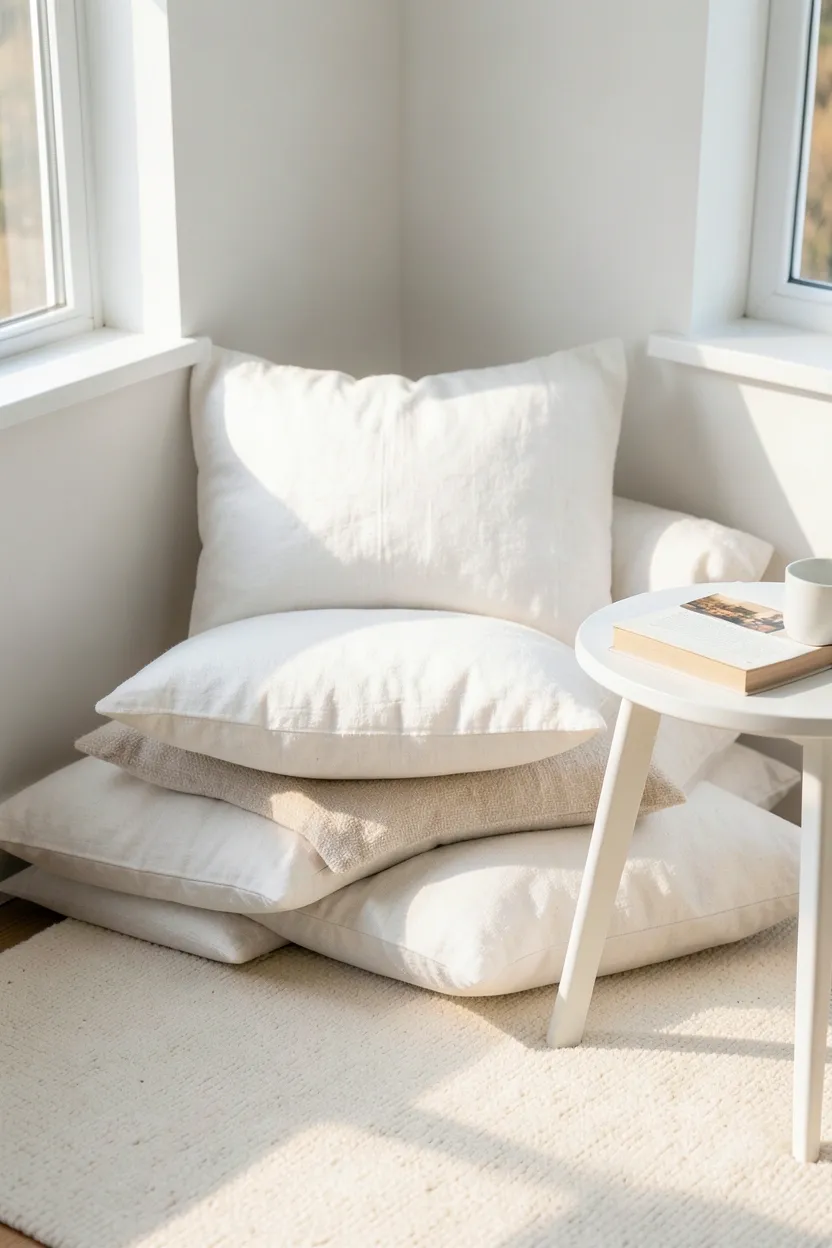 White floor cushions layered on a neutral rug near a window reading nook in a Japandi apartment bedroom