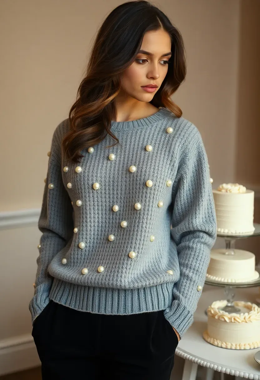 guest in an embellished knit top with pearl details and tailored black trousers at a baby shower