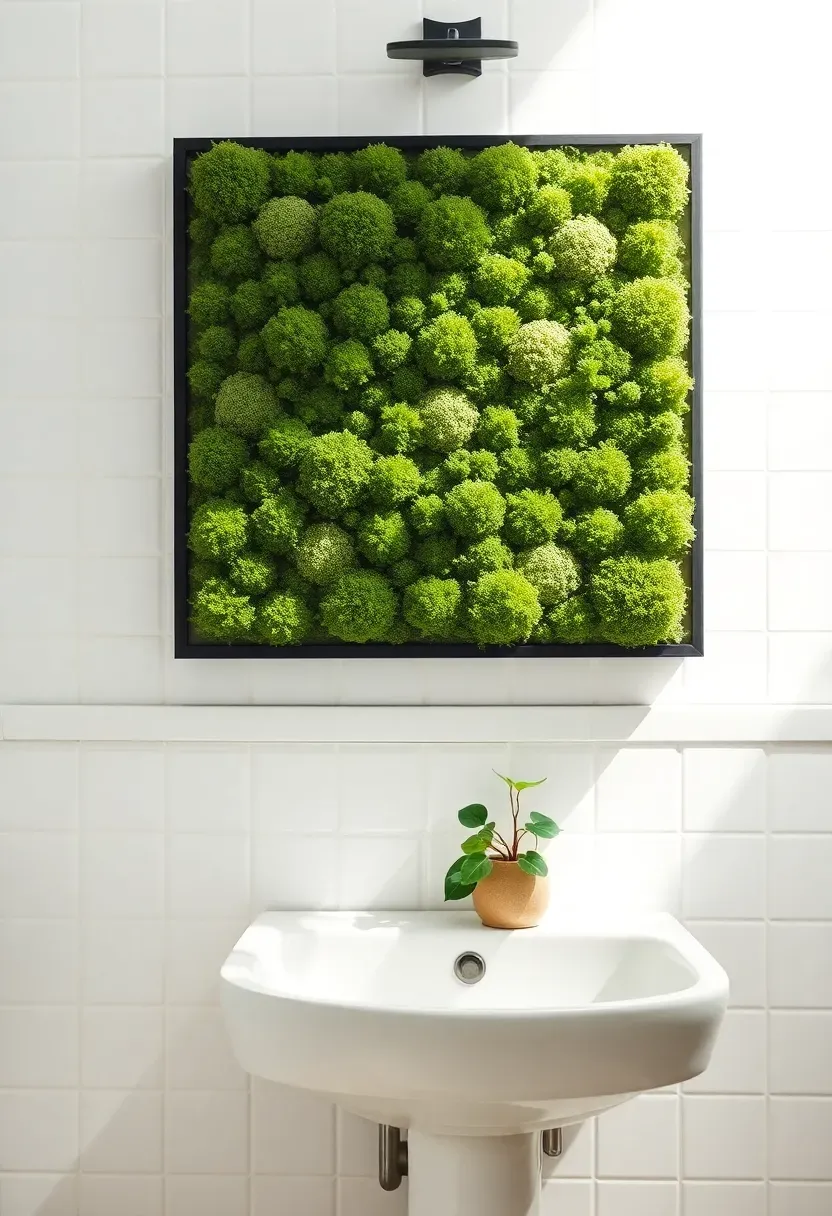 Rectangular living moss wall art frame with preserved reindeer moss in forest green tones mounted in a bright white bathroom