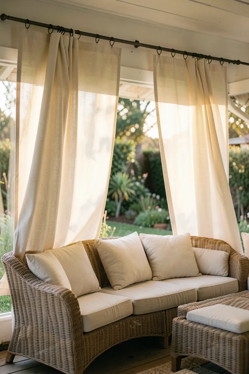 Hyper-realistic eye-level photograph of back porch with cream weather-resistant curtains gathered to sides of openings, revealing glimpse of garden beyond, wicker seating area with cushions between curtains, warm golden hour light filtering through fabric. Natural afternoon light. Materials: outdoor fabric, metal curtain rods, wicker. Soft private mood. Sharp details on fabric texture and light filtering. No text, no logos, no watermarks.