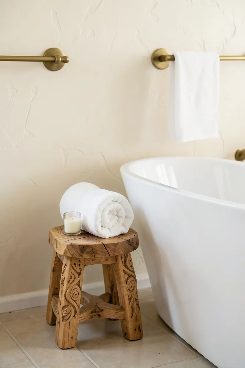 Hyper-realistic eye-level photograph of boho bathroom with small carved wooden stool in natural honey finish, positioned beside white freestanding tub, holding rolled white towel and small glass candle jar, cream plaster wall background, brass towel rail on wall. Natural soft light. Materials: carved natural wood, cotton towel, glass, brass. Rustic functional boho accessory. Carved wood details visible. No text, no logos, no watermarks.</p>