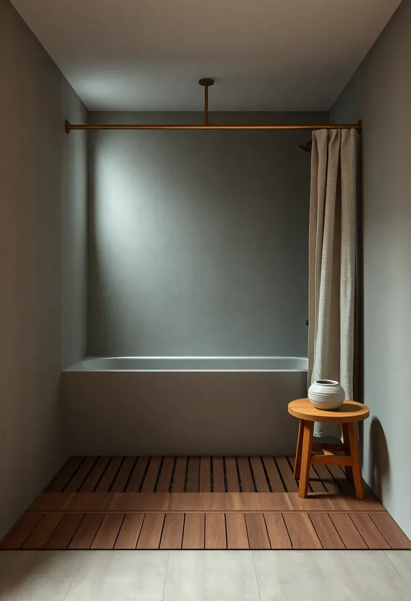 Japandi wet room bathroom with wooden slat flooring, rain shower, and minimal decor