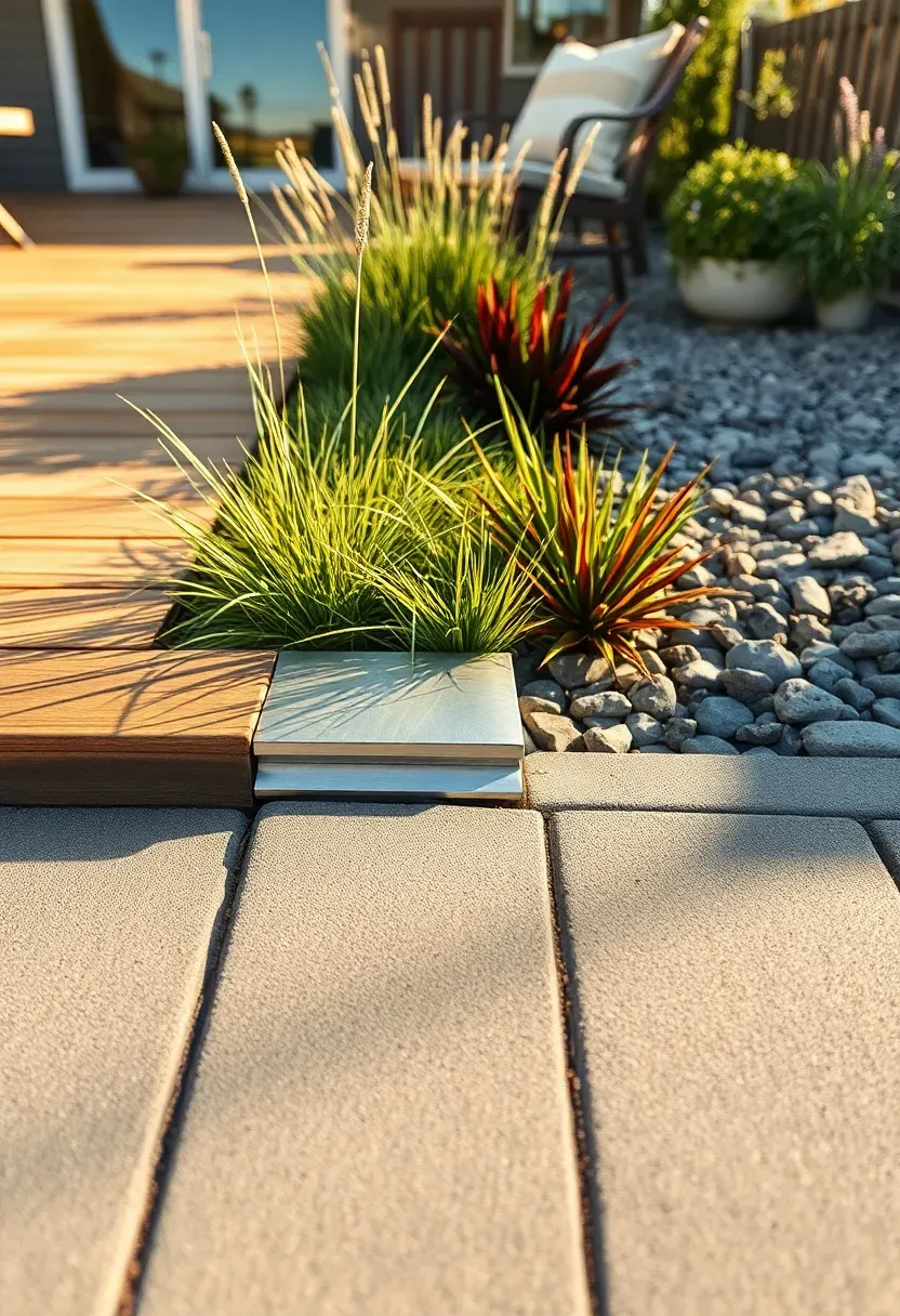 Mixed material backyard patio combining wooden deck sections with concrete paver areas and plantings between