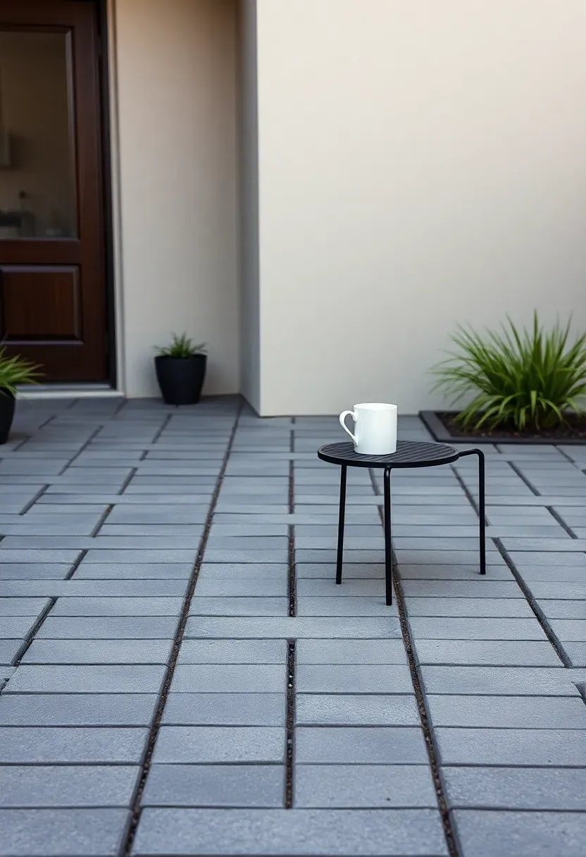 Modern stacked bond paver patio with uniform square gray pavers and clean minimal joints