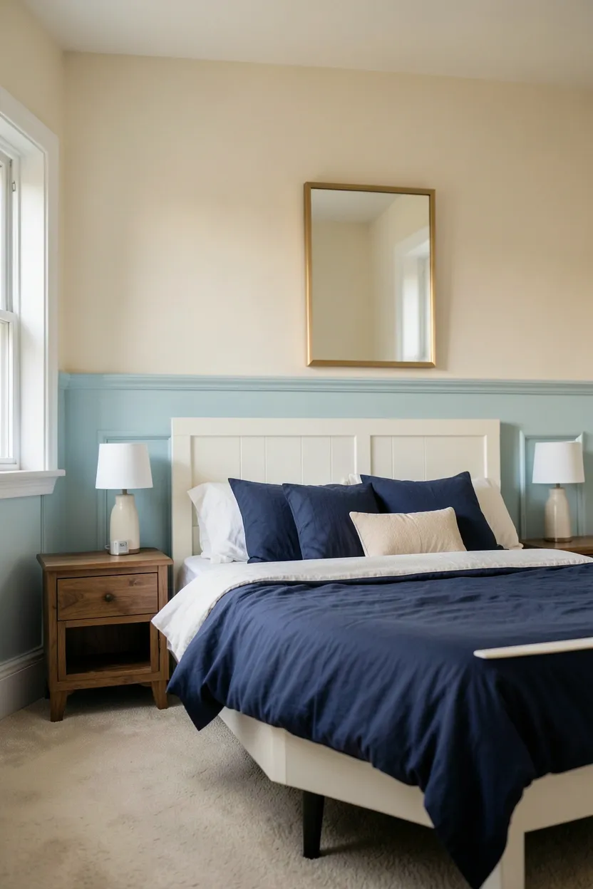 Hyper-realistic eye-level photograph of a bedroom featuring light blue painted wainscoting on lower walls, soft cream upper walls. Queen bed with navy and white bedding, white bed frame, two nightstands in medium wood, wall mirror above bed. Materials: painted wood wainscoting, cream painted walls, cotton bedding, walnut wood nightstands. Warm natural light from window, cozy sophisticated atmosphere. Shallow depth of field, sharp details on wainscoting molding, balanced composition showing wall treatment and furniture. No text, no logos, no watermarks.</p>
