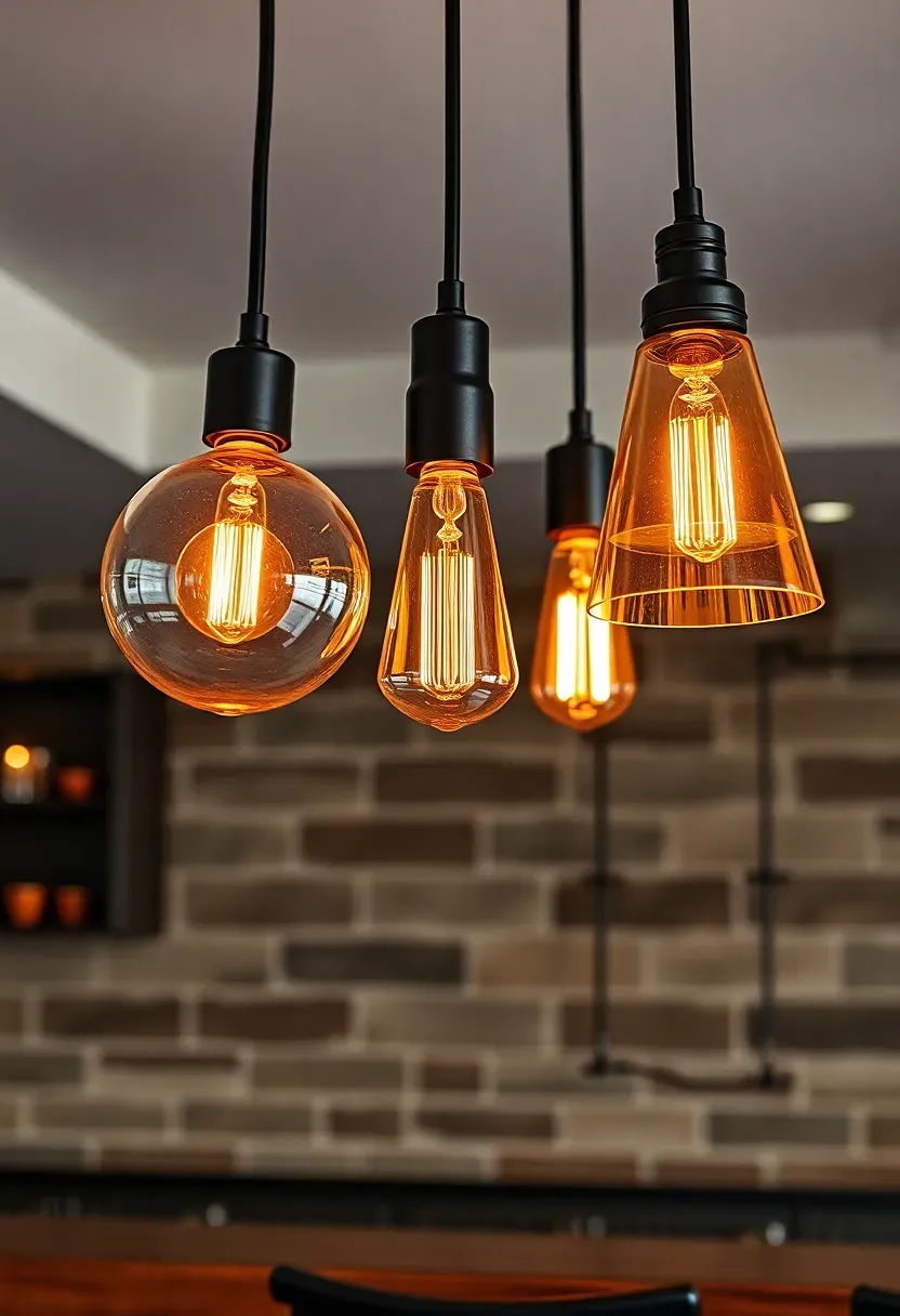Cluster of three pendant lights at different heights over a basement bar area with warm Edison-style bulbs and dark fixtures