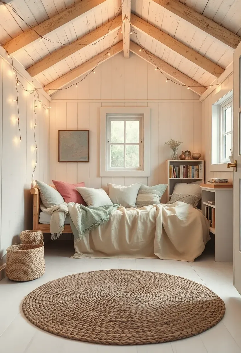 Interior of a cozy she shed with a cushioned daybed, fairy lights along the ceiling beams, bookshelves, and a small rug on a painted floor