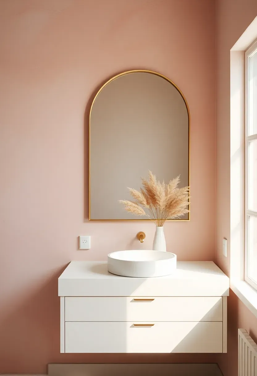 Limewash painted accent wall in warm blush pink behind a bathroom vanity with arched mirror and dried botanicals