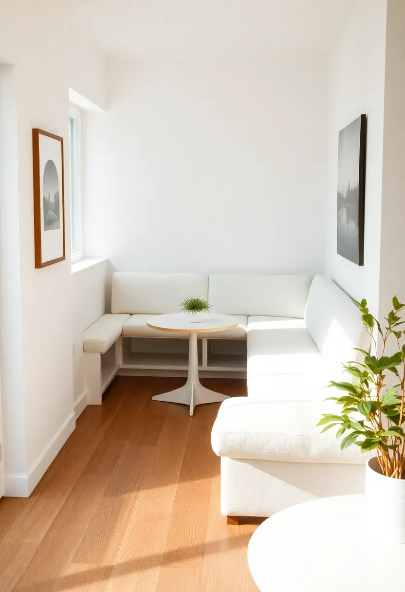 Hyper-realistic view of small minimalist living room corner with built-in L-shaped banquette seating, white upholstered bench with storage beneath, small round table, apartment living room optimizing corner, oak floor, white walls. Materials: white linen or vinyl banquette upholstery, storage compartment beneath, oak or white table, oak floor, white walls. Natural light, efficient corner-use mood. Built-in seating maximizing tight space, shallow depth of field, no text, no logos, no watermarks.</p>