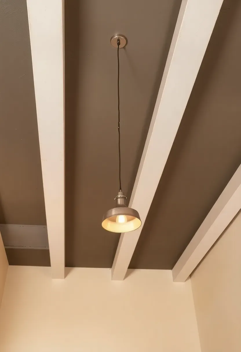 Basement with exposed ceiling beams painted in a contrasting white color against darker stained wood above