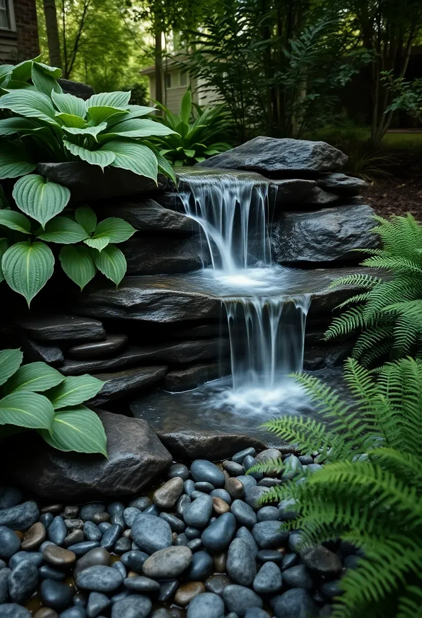 Backyard rock garden with a small cascading waterfall flowing over stacked fieldstone into a pebble-lined stream bed surrounded by hostas and ferns