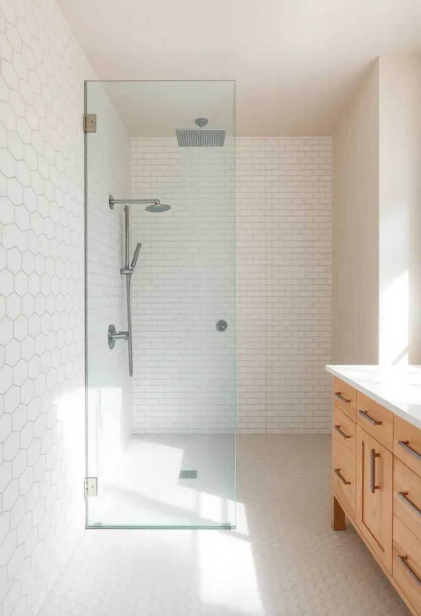 Hyper-realistic wide shot showing single glass panel separating shower zone with rainfall head from main bathroom, same white hex tiles throughout, light oak vanity visible beyond, white subway tile walls. Materials: 10mm clear tempered glass, brushed nickel minimal channel hardware, white hex tiles, white oak vanity. Warm soft diffused daylight, creamy neutrals with soft reflections. Open minimalist mood, shallow depth of field with sharp glass edge, soft shadows. No logos.</p>