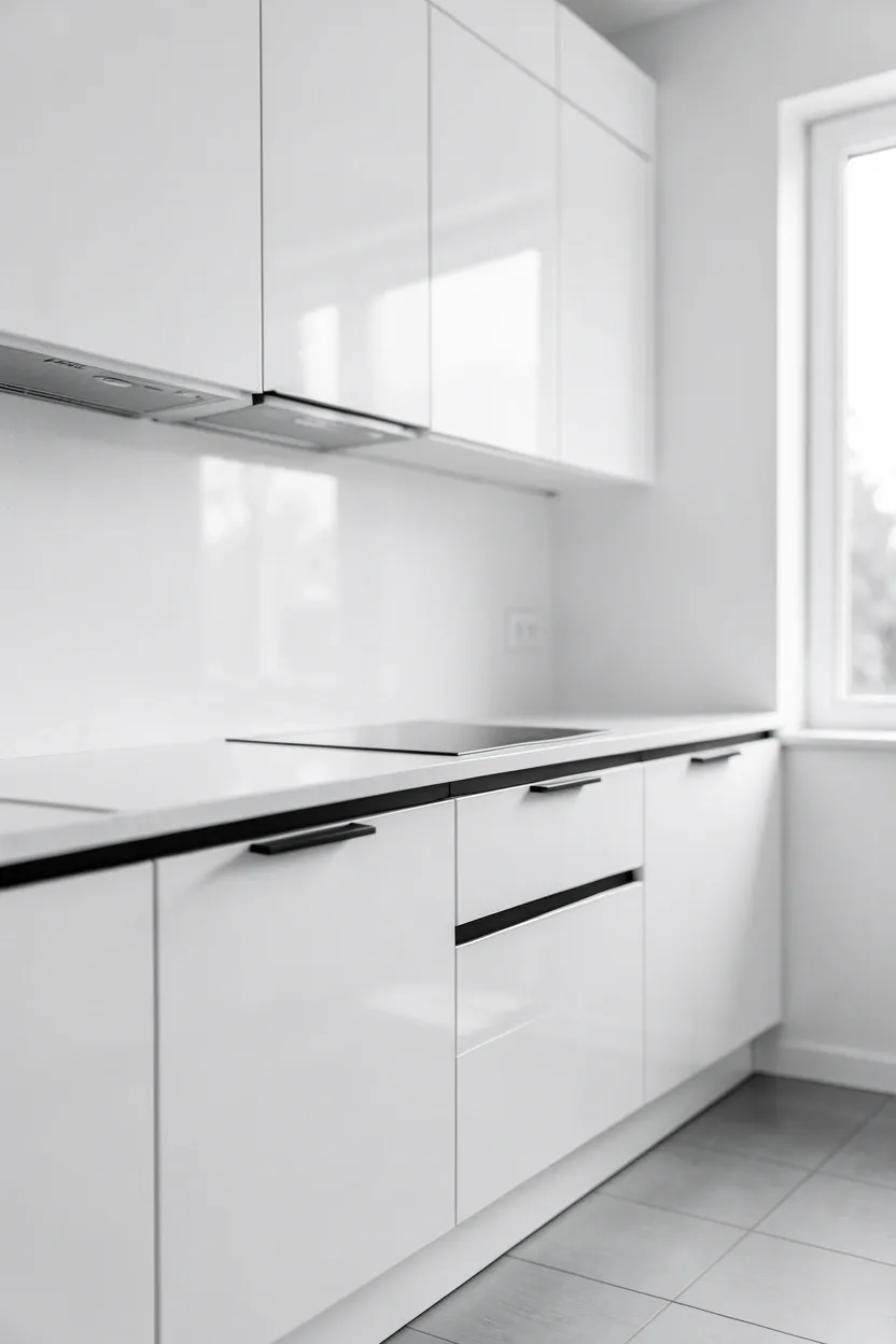 Traditional kitchen with white raised-panel perimeter cabinets and a black island with decorative corbels, white marble countertops throughout and black pendant lighting